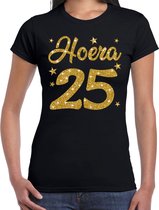 Hoera 25 jaar verjaardag / jubileum cadeau t-shirt - goud glitter op zwart - dames - cadeau shirt S