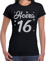 Hoera 16 jaar verjaardag cadeau t-shirt - zilver glitter op zwart - dames - cadeau shirt XL