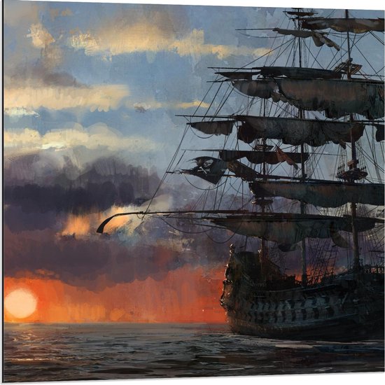 Dibond - Geschilderd Schip met Zon - 80x80cm Foto op Aluminium (Wanddecoratie van metaal)