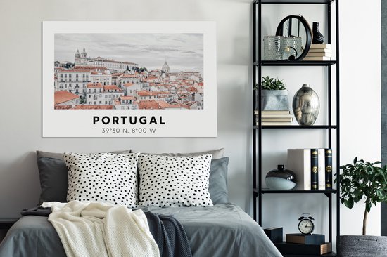 Tableau Peinture Portugal - Europe - Rouge - Skyline - 140x90 cm - Décoration murale