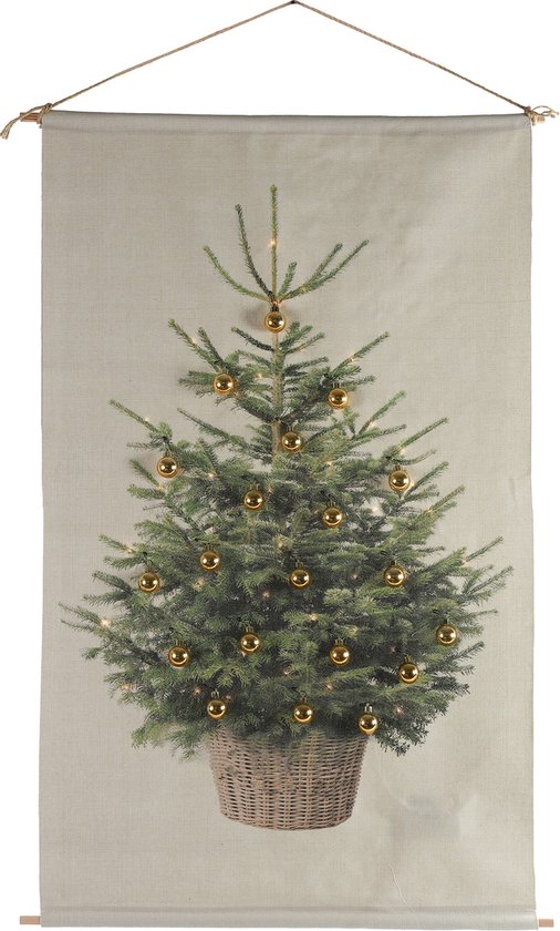 Foto: Wanddoek kerstboom countryfield met 20 goudkleurige kerstballen en 40 led rechthoek cosy m