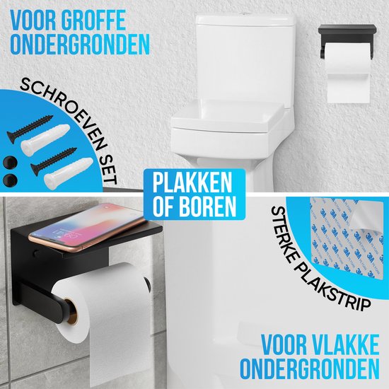Strex WC Rolhouder met Plankje - Zwart - Zelfklevend / Boren / Zonder Boren - Toiletrolhouder - WC Papier Houder - Strex