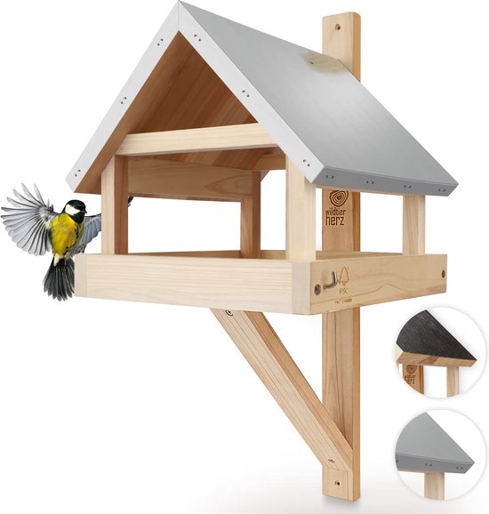 Wildtier Herz® Vogelhuisje XL, muurmontage, met metalen dak en massief houten wandvoederhuisje voor vogels - Weerbestendig