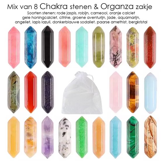 chakra stenen 8 stuks Mert - chakra sieraden / Met informatieve chakra flyer / reiki stenen - Kristal Edelstenen Set 7 Chakra Symbolen - Ovaal Rode Jaspis//Tijgeroog/Rozenkwarts/Sodaliet/Lapis Lazuli/Amethist - Zwarte Obsidiaan - Organza zakje -