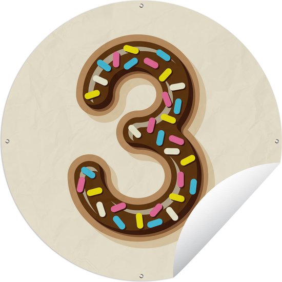 Tuincirkel Een illustratie van het cijfer 3 als donut - 150x150 cm - Ronde Tuinposter - Buiten