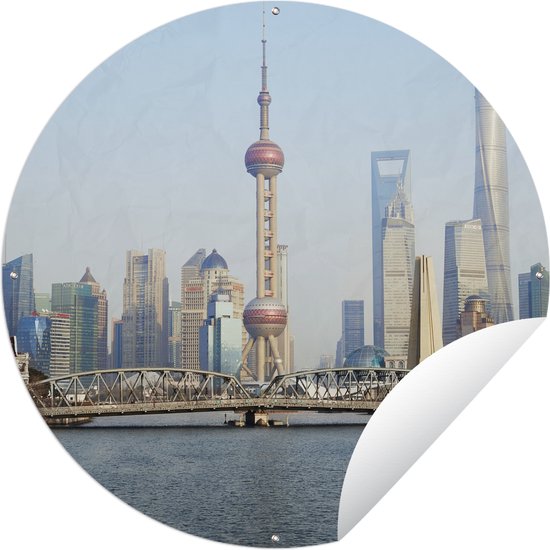 Tuincirkel Skyline van Shanghai met de Oriental Pearl Tower - 60x60 cm - Ronde Tuinposter - Buiten