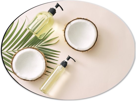 Dibond Ovaal - Cosmetica Flesjes met Palmblad en Kokosnoten - 40x30 cm Foto op Ovaal (Met Ophangsysteem)