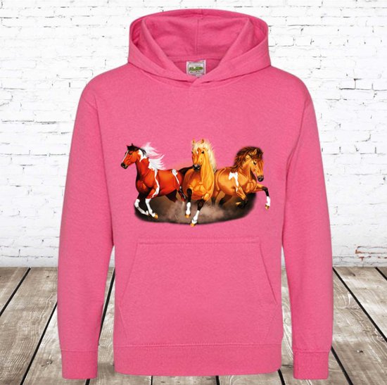Kinder hoodie met 3 paarden roze -Awdis-122/128-Hoodie meisjes