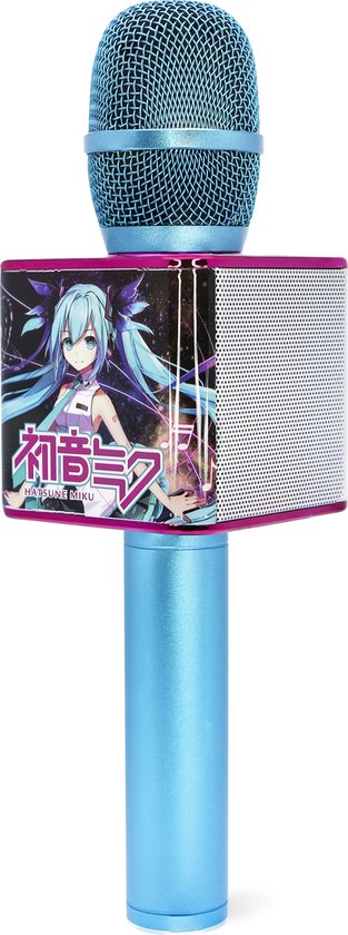 Blauwe karaoke microfoon met afbeelding van Hatsune Miku op het bedieningspaneel, met roze randen en blauwe microfoon.