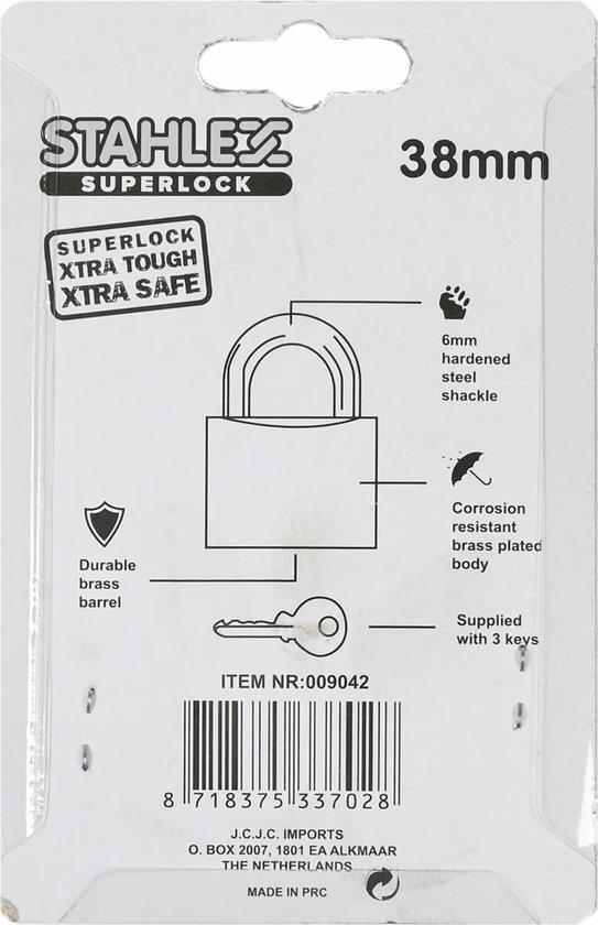 Arrière de l'emballage du cadenas Stahlex Superlock avec dimensions.
