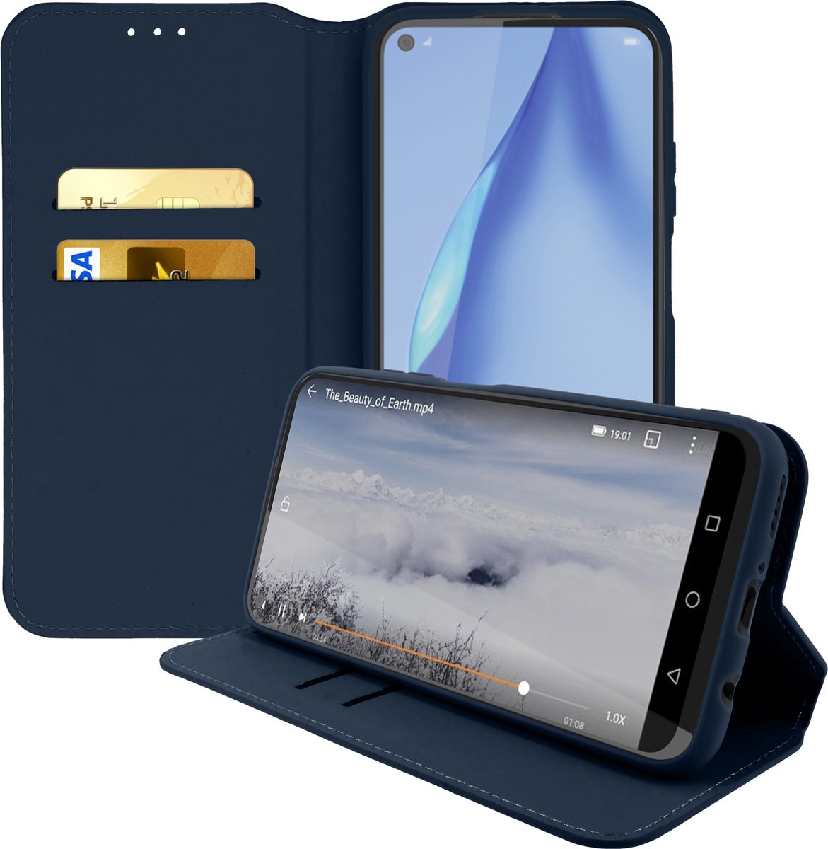 Hoes Geschikt voor Huawei P40 Lite klep portefeuille, video standaard blauw