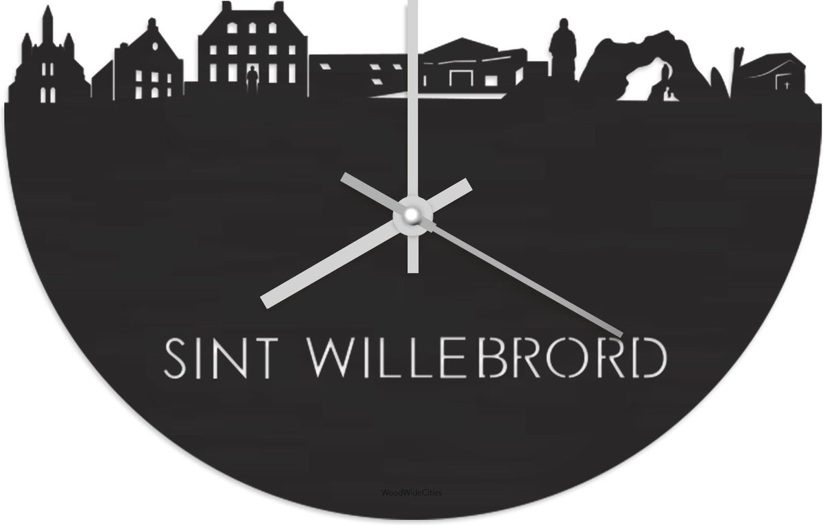 Skyline Klok Sint Willebrord Zwart hout - Ø 40 cm - Stil uurwerk - Wanddecoratie - Meer steden beschikbaar - Woonkamer idee - Woondecoratie - City Art - Steden kunst - Cadeau voor hem - Cadeau voor haar - Jubileum - Trouwerij - Housewarming -
