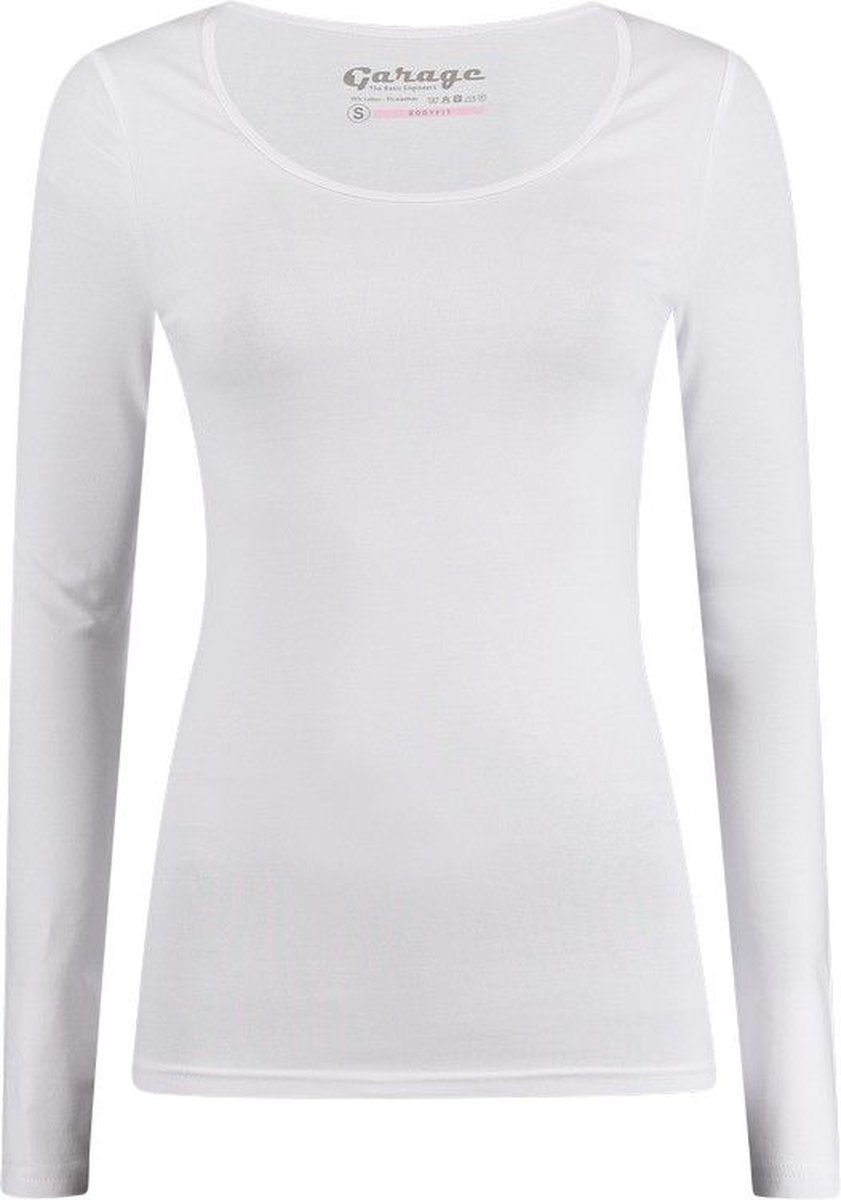 Garage 704 - Dames Bodyfit T-shirt ronde hals lange mouw wit S 95% katoen 5% elastan