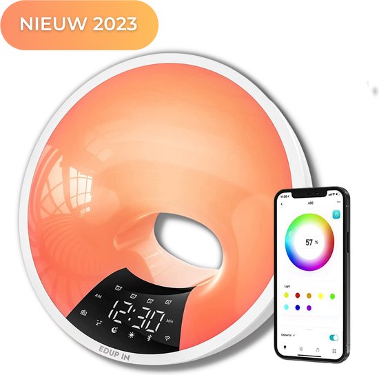 Wekkerlicht, bluetooth, wekker, verlicht, bedlamp, 20 helderheidsniveaus, simulator voor zonsopgang en schemering, 2 wekkers, 22 natuurlijke geluiden, sluimerfunctie, 17 kleuren, nachtlampje voor