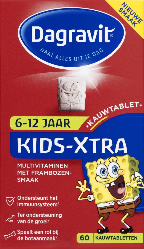 Dagravit Kids-Xtra Spongebob Multivitaminen 6-12 jaar - Vitamine A, C en de mineralen zink en selenium ondersteunen het immuunsysteem. - 60 kauwtabletten