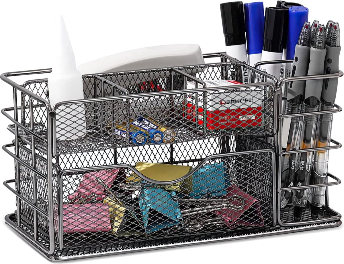 Marbrasse Organiseur De Bureau En Maille Métallique Noir – 6 Compartiments + 2 Tiroirs, Rangement Multifonction Bureau Propre
