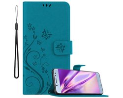 Cadorabo Hoesje geschikt voor Samsung Galaxy J5 2017 in BLOEMEN BLAUW - Beschermhoes in bloemmotief met magnetische sluiting, standfunctie en kaartsleuven Book Case Cover Etui