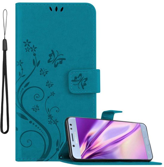 Coque Cadorabo pour Samsung Galaxy J5 2017 en BLEU FLORAL - Coque de protection au design floral avec fermeture magnétique, fonction support et fentes pour cartes