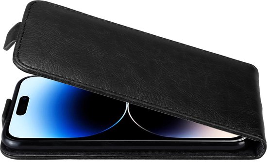 Zwarte flipcase met een telefoon die erin geplaatst is.