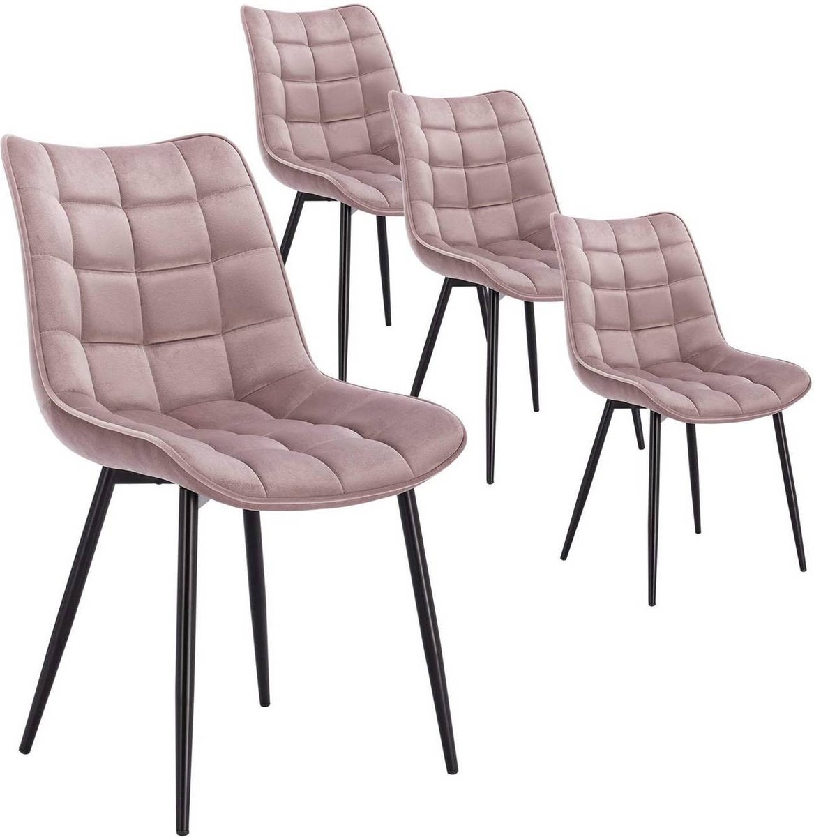 Chaise design en velours matelassé rose poudré et pieds métal noir