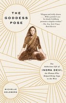 Boekomslag voor 'The Goddess Pose' met een tekening van Indra Devi in yogahouding, gekleed in sari.