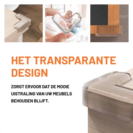 Transparante hoekbeschermers op een houten tafel en een glazen tafel.