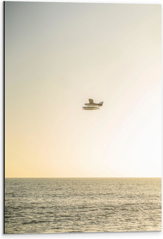 WallClassics - Dibond - Vliegtuig Vliegend boven Water met Boeien bij Lichtkleurige Lucht - 40x60 cm Foto op Aluminium (Met Ophangsysteem)