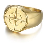 Zegelring Heren Goud kleurig met Kompas Gravering - Staal - Ring Ringen - Cadeau voor Man - Mannen Cadeautjes