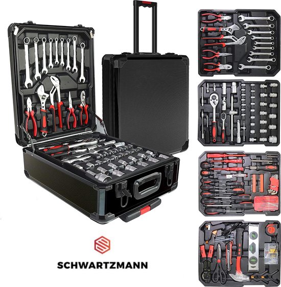 Ensemble d'outils Schwartzmann 409 pièces dans un étui - Boîte à outils - Boîte à outils remplie - Boîte à outils - Jeu de tournevis - Aluminium - Outillage à main de base - Avec clé dynamométrique à cliquet et extension et plus encore - Zwart/ Goud
