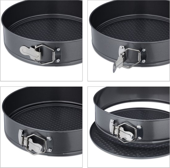 Relaxdays springvorm, set van 5, 20, 22, 24, 26, 28 cm, rvs, taartvorm met antiaanbaklaag, vierkant bakvorm, antraciet