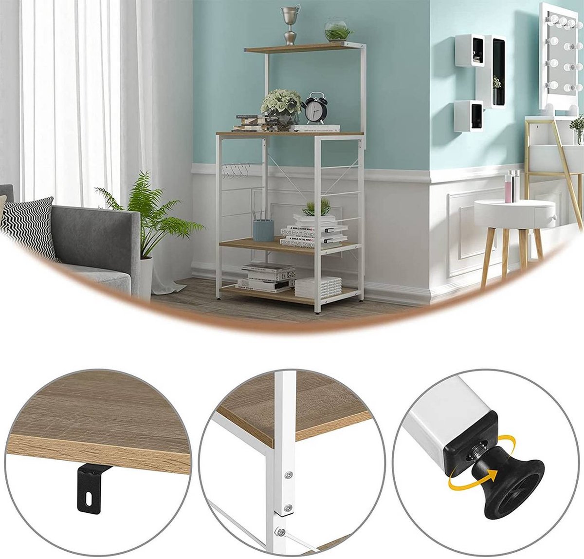 Étagère De Cuisine Multifonction En Bambou - Support Micro-ondes Avec Panier Métallique Et Crochets - Rangement Pratique Pour Cuisine Et Salon