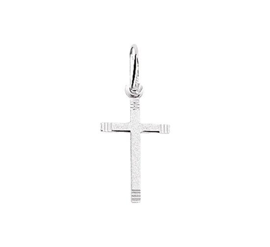 Zilveren hanger in de vorm van een kruis met gediamanteerde afwerking en een cirkelvormige sluiting.