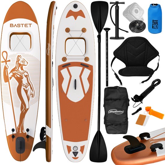 Physionics - Stand Up Paddle Board - 305cm - Opblaasbaar SUP Board met Kayak Zitting - Verstelbare Peddel - Handpomp met Manometer - Rugzak - Reparatieset - Camera Houder - Surfboard - Oranje