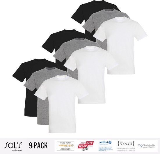 9 Pack Sol's Heren T-Shirt 100% biologisch katoen Ronde hals Zwart, Grijs en Wit Maat 3XL
