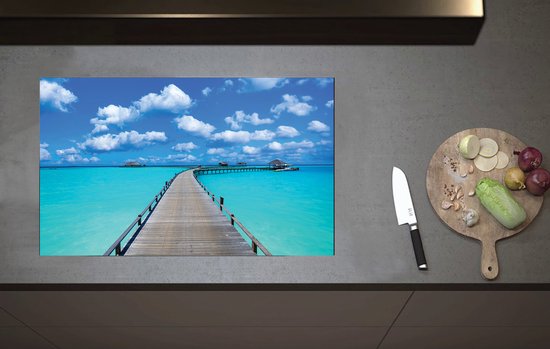 Foto: Inductieplaat beschermer tropisch resort met steigers over helder blauwe oceaan 80x52 cm 2 mm dik inductie beschermer van vinyl