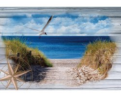Fotobehang - Vlies Behang - Stand, Zee en Duinen op Houten Planken - 254 x 184 cm