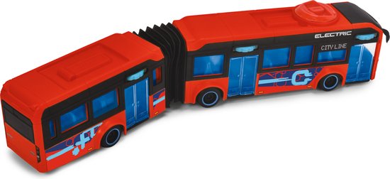 Rode dubbele stadsbus met zwarte banden, blauwe ramen en blauwe elektrische logo's op de zijkanten.