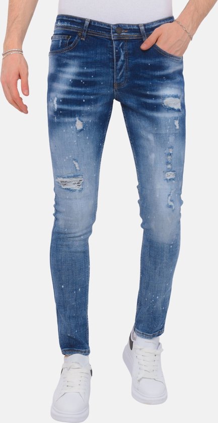 Paint Splatter Stonewashed Jeans Mens - Slim Fit -1079- Blauw