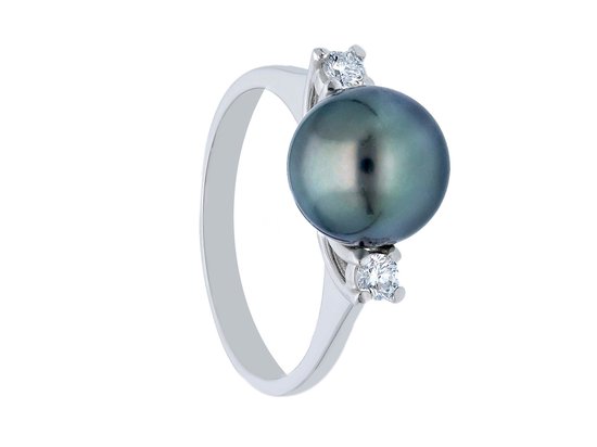 Bague En Or Blanc 18 Carats Avec Perle De Tahiti Et Diamants, Taille 54, Occasion Comme Neuve