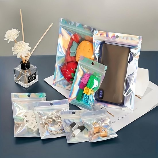 jijAcraft 9 x 12 cm kleine Mylar zakjes, cadeauzakjes met ritssluiting, 100 stuks, holografische foliezakjes met sluiting, Mylar druksluitingszakjes met venster, voor sieraden, cadeau jijAcraft 9 x 12 cm kleine Mylar zakjes, cadeauzakjes met ritssluiting, 100 stuks, holografische foliezakjes met sluiting, Mylar druksluitingszakjes met venster, voor sieraden, cadeau