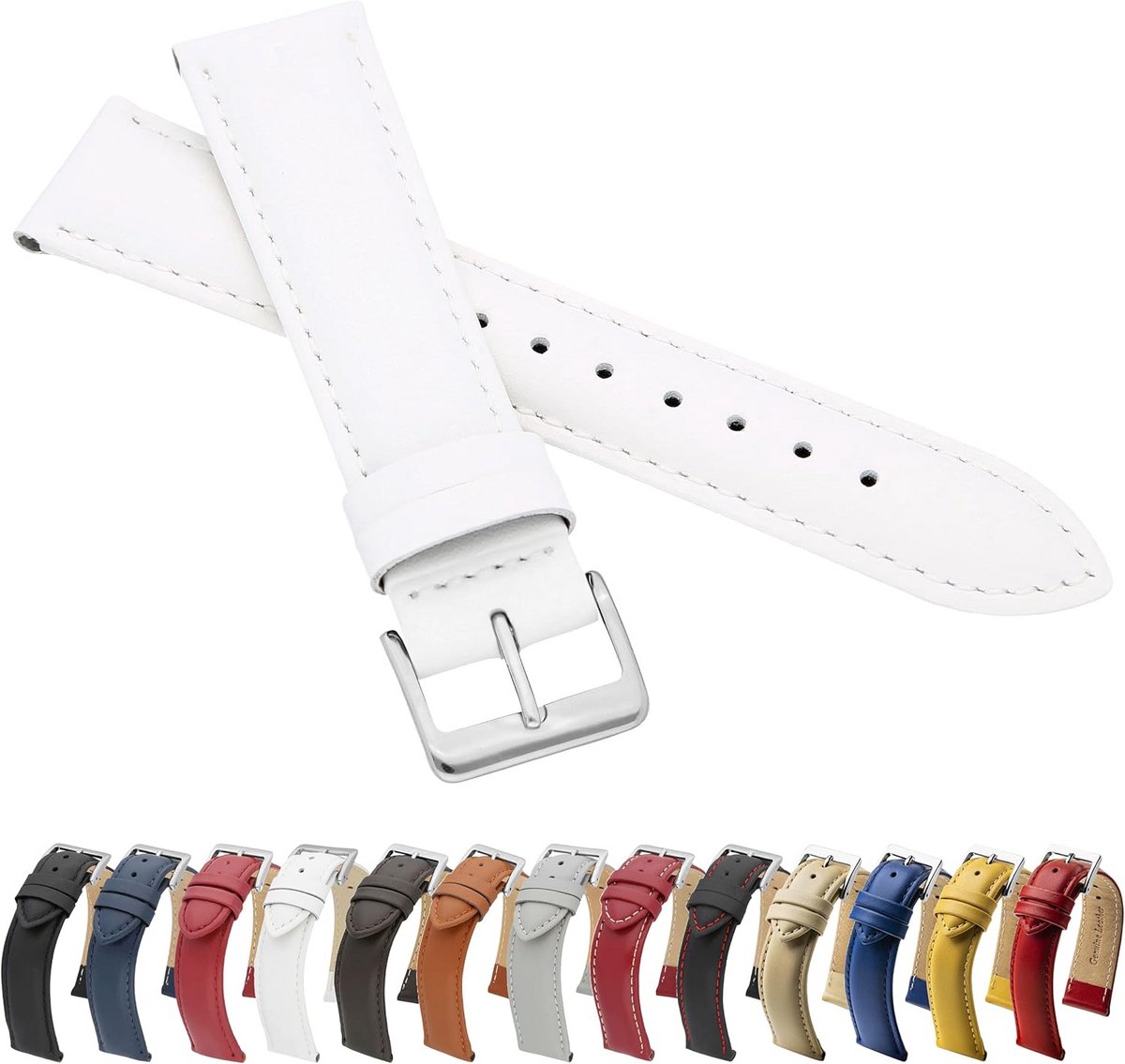 Leren Horlogeband Wit Glad Echt Rundleer 14mm Extra Lang