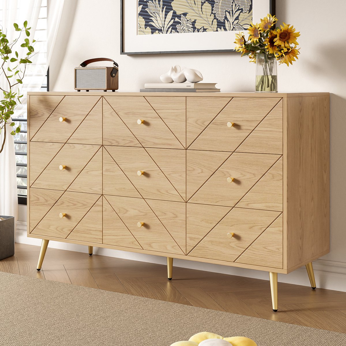 STILVORA Commode - 9 Laden Met Geometrische Fronten - Compacte Opbergruimte Voor Slaapkamer En Hal - Spaanplaat IJzeren Poten - 120x39x80 cm - Notenbruin Natuurlijk