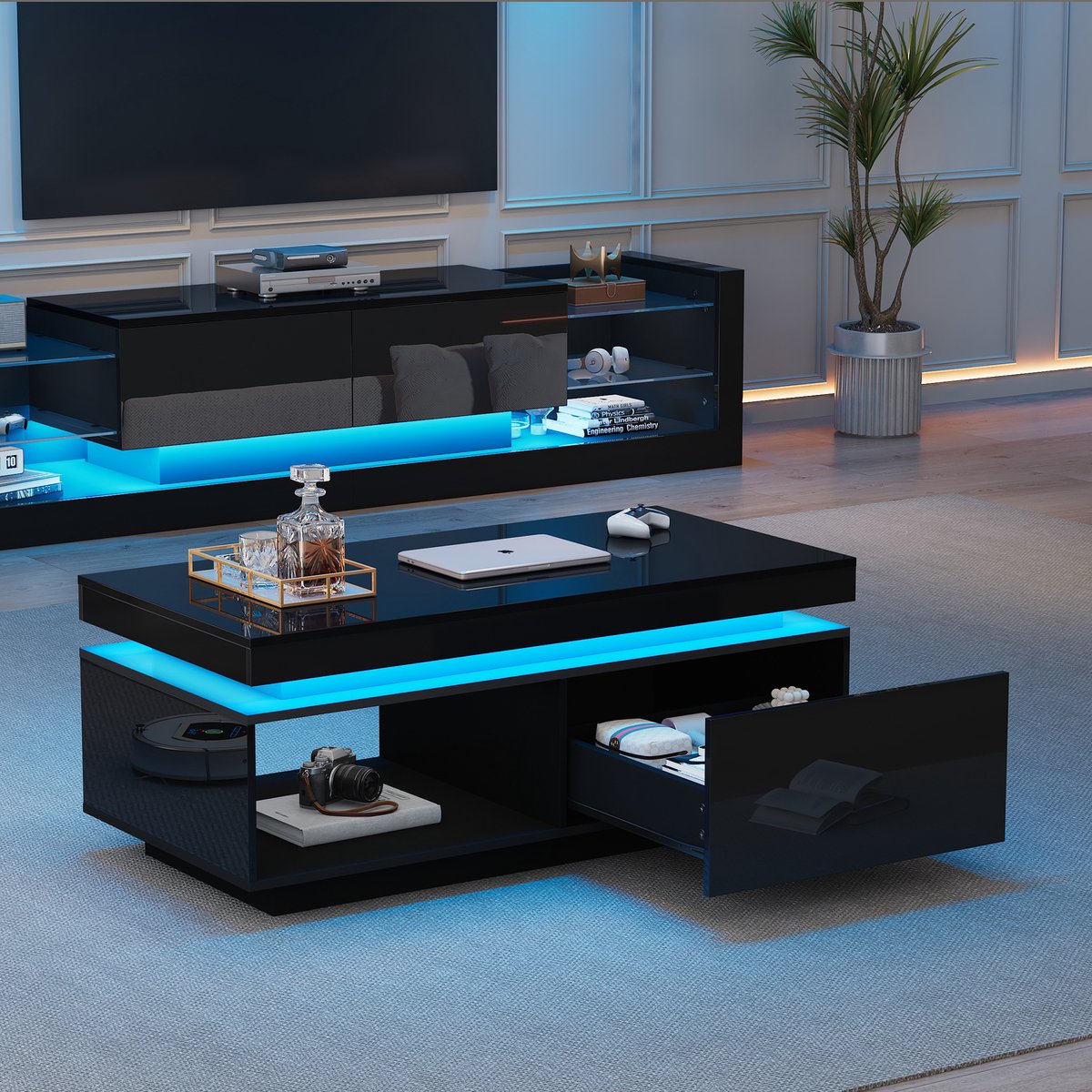 OKWISH TV-Meubel & Salontafel – Hoogglans Serie – 1 Lade – Met LED-Verlichting – Modern Me