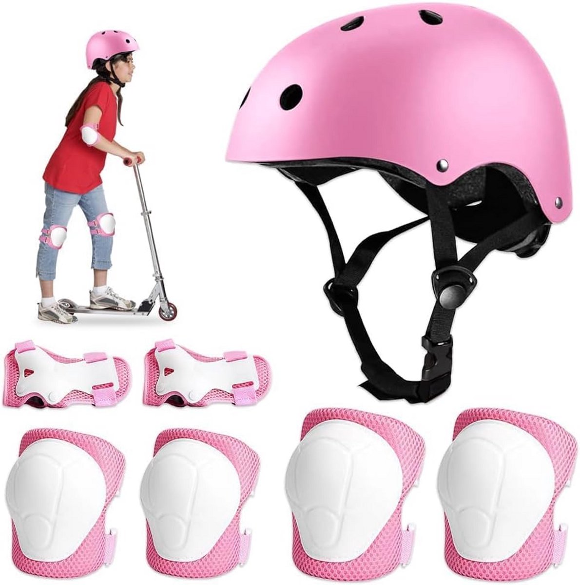 7-delige Kinder Beschermset Fietsen & Skaten - Helm, Knie-, Elleboog- en Polsbeschermers (Roze)