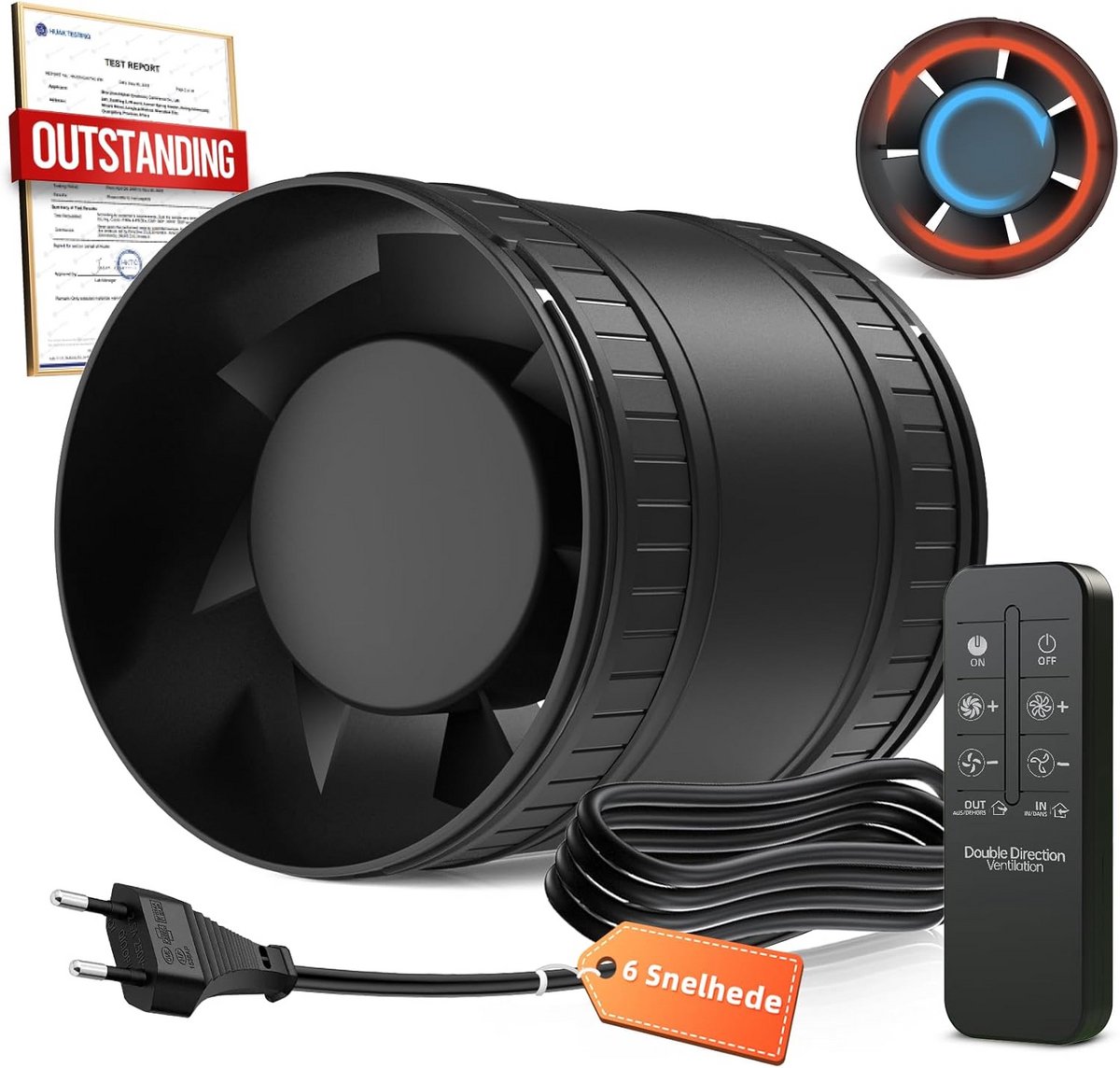 Bidirectionele Buisventilator 100 mm met 6 Snelheden en Afstandsbediening