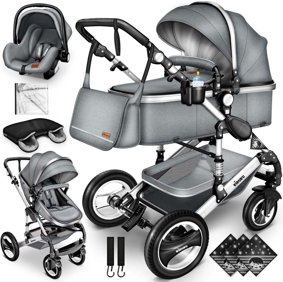 Buggy-Kinderwagen 3 in 1-kinderwagens Complete Set -One -Click Opvouwbare Kinderwagen-Kinderwagen Set voor Baby's Pasgeborenen XXL Set-(Grijs / Zilver).
