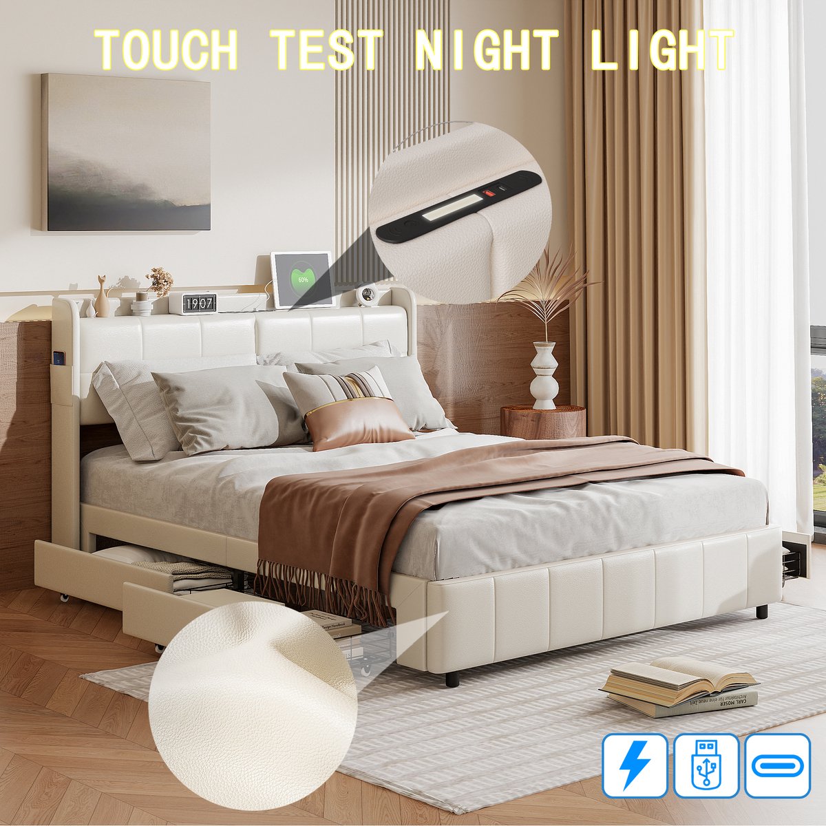 ROSAHQNDA Gestoffeerd bed, tweepersoonsbed 160x200cm, functioneel bed met 4 lades en LED-verlichting en 2 USB-laadstations, houten leienframe, LED-bed, platformbed, PU-leer, wit, zonder matras