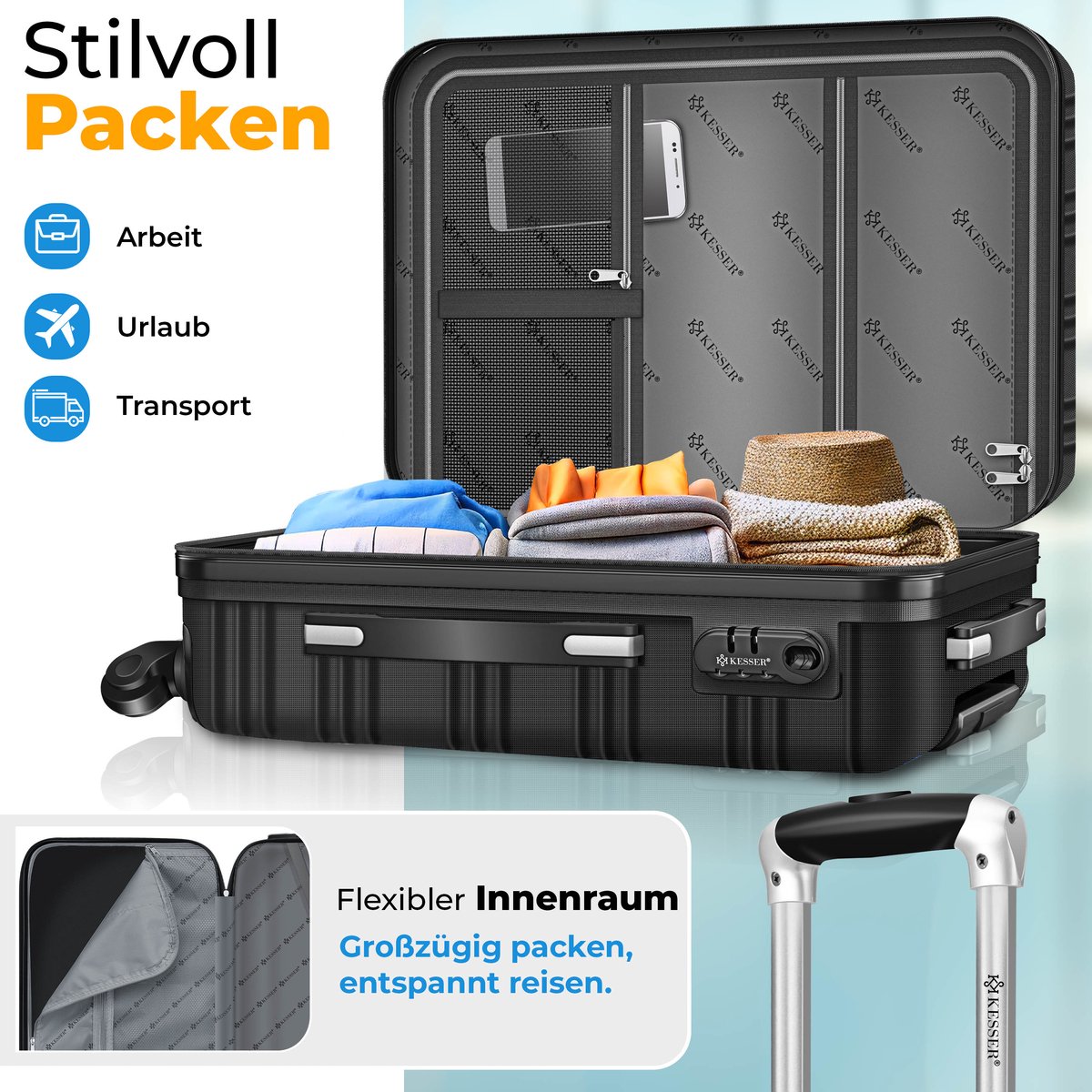 Kesser Reiskoffer Set 3-delig | Kofferset ABS hardshell koffer met cijferslot, kofferweegschaal & reisportemonnee 360° wieltjes | handbagage & grote koffer voor zaken & reistrolley, Small, Medium