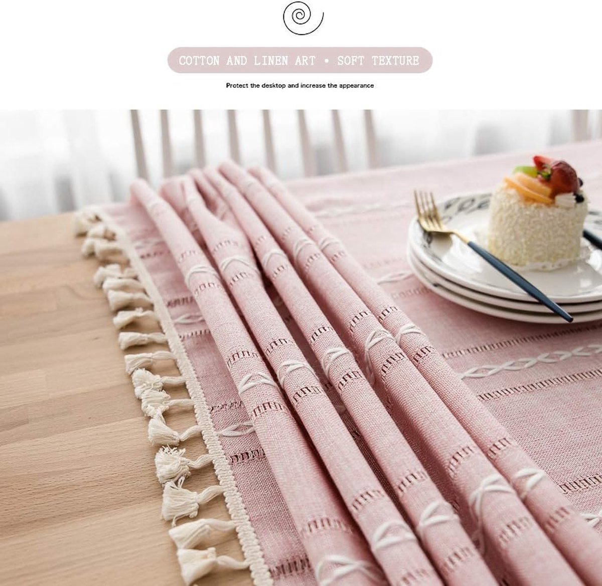 Stunq® Katoenen linnen elegant tafelkleed, afwasbare keukentafel hoes voor eettafel, picknick feest, tafelkleed (strepen - roze, vierkant, 140 x 140 cm)