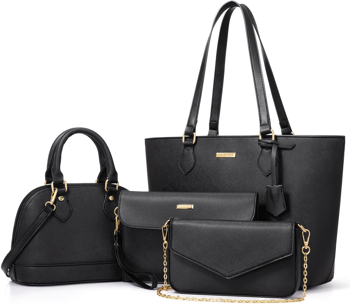 STILVORA Handtassen - Stijlvolle Handtas Met Accessoires, 4-delig Tas Set Voor Cosmetica, A4-Magazines En Elektronica, PU, Zwart, 33 x 26,5 cm
